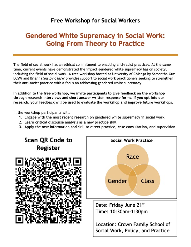 @BSuslovic and I are hosting a free workshop for Chicago-based social workers on June 21st from 10:30-1:30pm focused on gendered white supremacy. Please share and use the flyer to register!
