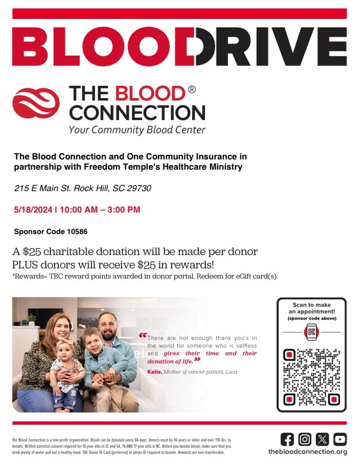 Blood Drive this Saturday, May 18th from 10 am - 3 pm sponsored by The Blood Connection & One Community Insurance in partnership with the Healthcare Ministry. Giving matters! See flyer for details. #ftmrockhill