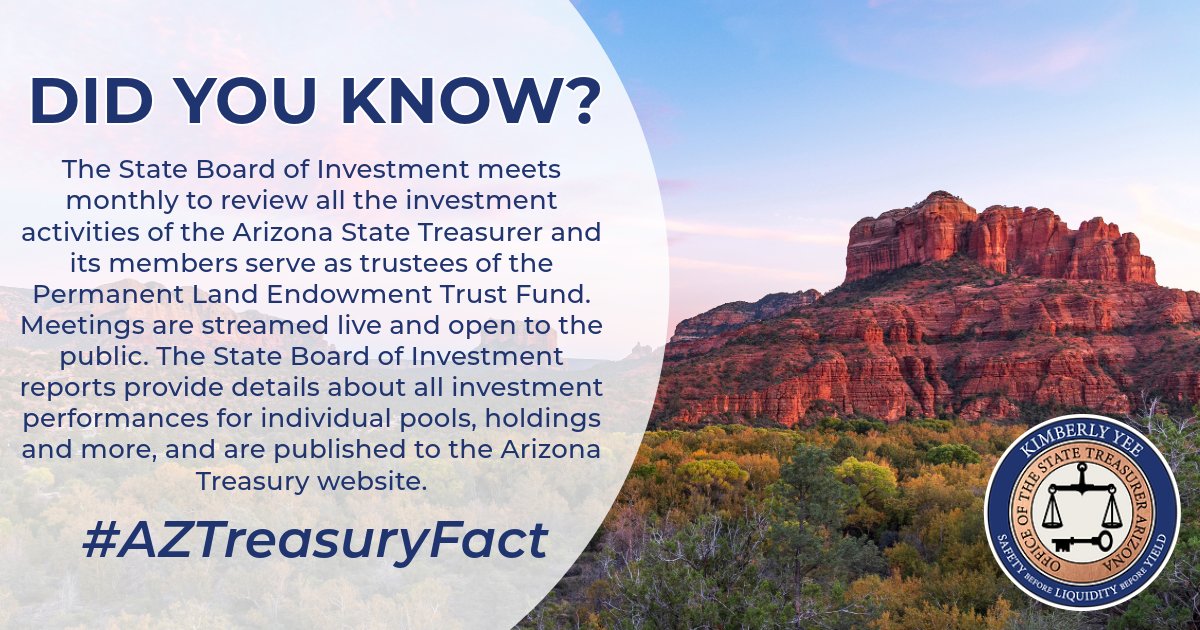 #AZTreasuryFact: Arizona Treasurer Kimberly Yee serves as the Chairwoman of the State Board of Investment. The Board meets monthly to review the previous month’s investment performance, earnings and operating balances.