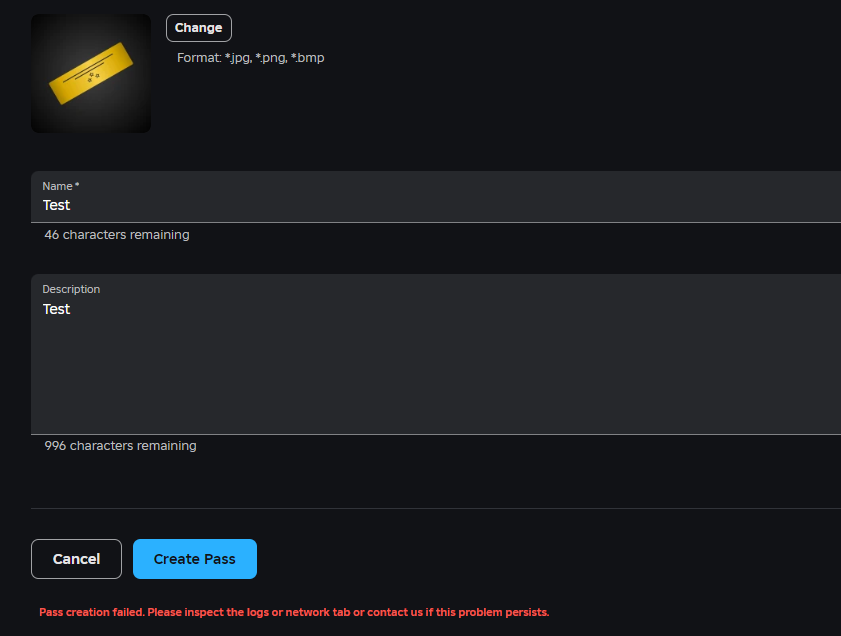 RealJethrow's tweet image. Is anyone having issues trying to upload Game Passes?

#Roblox #RobloxDev #RobloxIssue