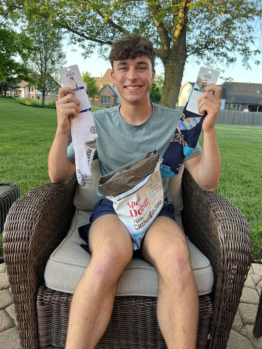 Shoutout to <a href="/cjeaglesBB/">CJ Baseball</a> and <a href="/ECUBaseball/">ECU Baseball</a> commit, <a href="/HoaglandCharlie/">Charlie Hoagland</a> for reppin the <a href="/sockreligious/">Sock Religious 🧦</a> St. Sebastian socks all season he received at our event! He got a postseason delivery of another pair along with his Confirmation Saint, St. Michael socks for another March to Akron!