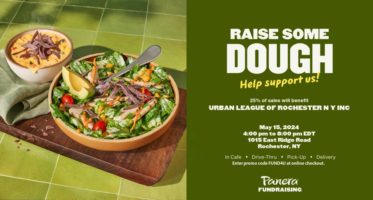 Tomorrow is the day! Enjoy some good eats for a great cause and raise some dough for the Urban League on May 15! #panera #urbanleagueroc