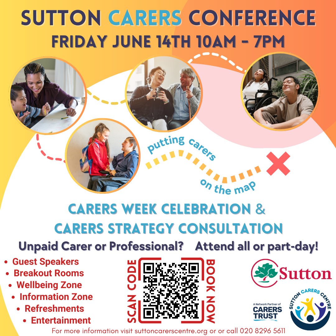 It's the ONE MONTH countdown to Sutton's 📣 FIRST EVER #UnpaidCarers Conference - YES, we are excited!!! 🤩🥳🎉 Part Conference, Consultation, wellbeing, information and fun too! We hope you can join us! To book your space: suttoncarerscentre.org/events-1/carer… or call us on 020 8296 5611 📲