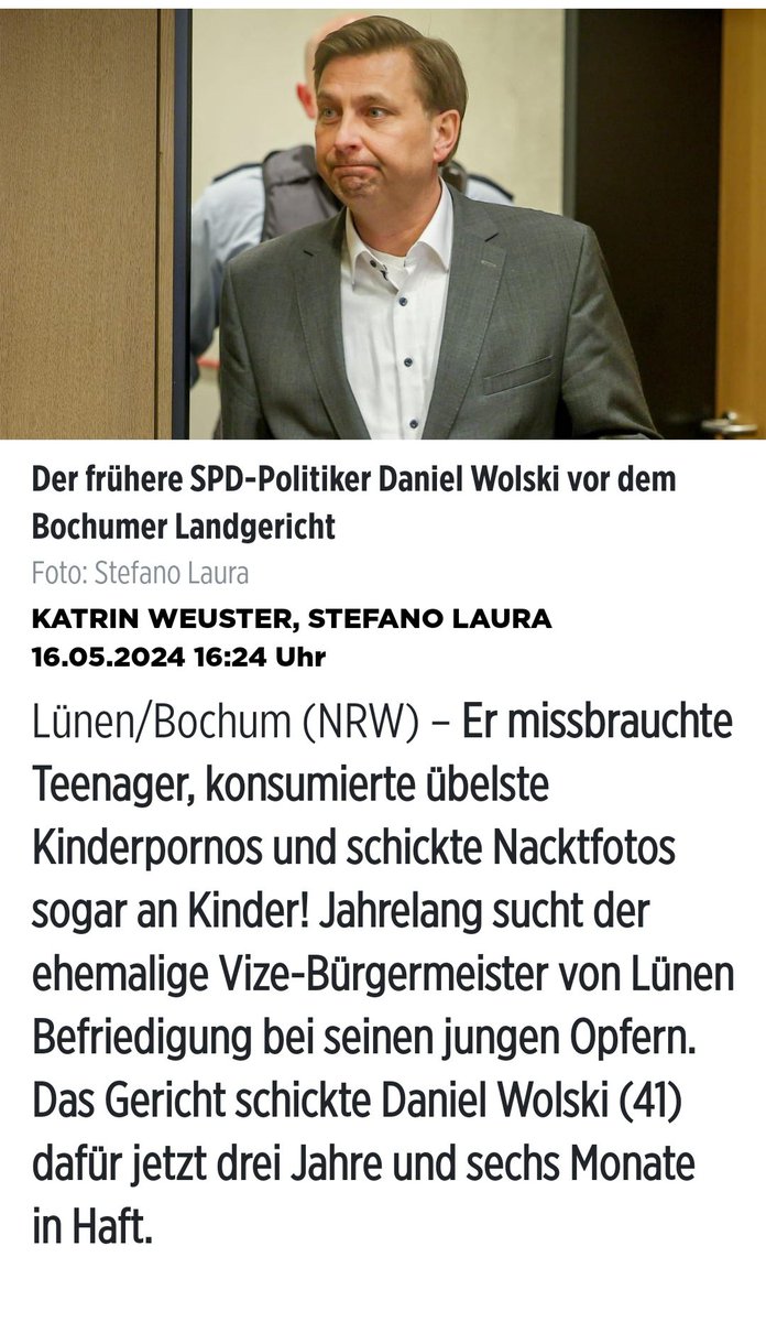 Er hat Jugendliche missbraucht. Ein #SPD Politiker, Ex Fizebürgermeister aus Lünen, muss dafür 3,5 Jahre in Haft 👍
Man stelle sich mal vor, er wäre ein #AfD Politiker 🙈, was hätte die 🚦 und der #OERR daraus für einen Skandal gemacht 🤬
🇩🇪 #nurnochAfD #WirSindMehr #AliceWeidel