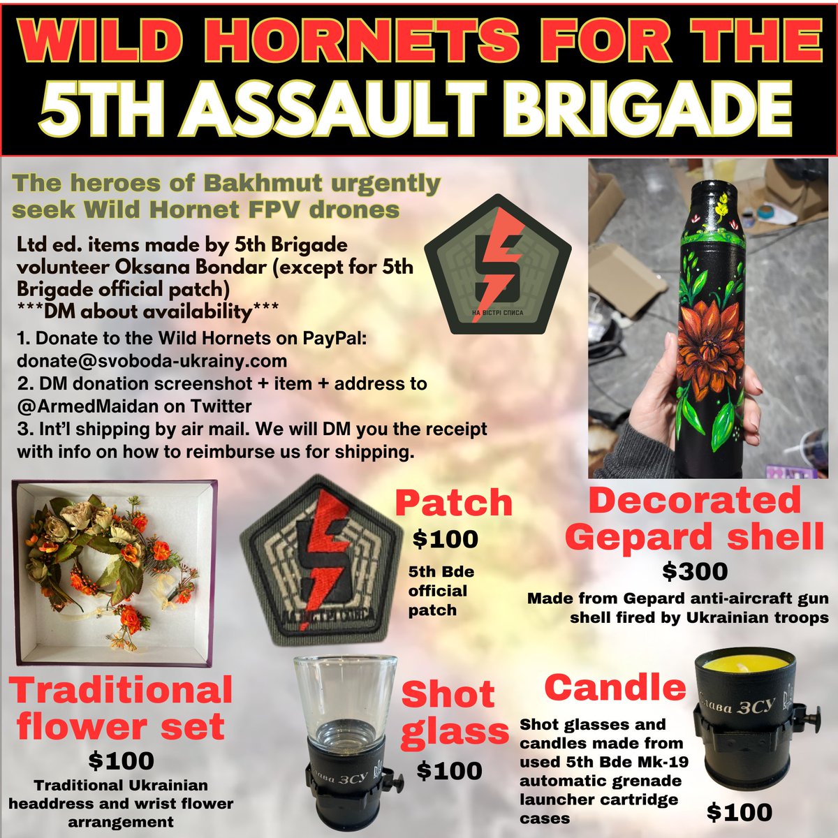 The 5th Assault Brigade urgently calls for @wilendhornets FPV drones⚡ The heroes of Bakhmut send thanks for donations for truck repairs❣ They now need Wild Hornets Donate $100+ to get merch👇 *DM about availability* 👉Donate to Wild Hornets on PayPal: donate@svoboda-ukrainy.com…