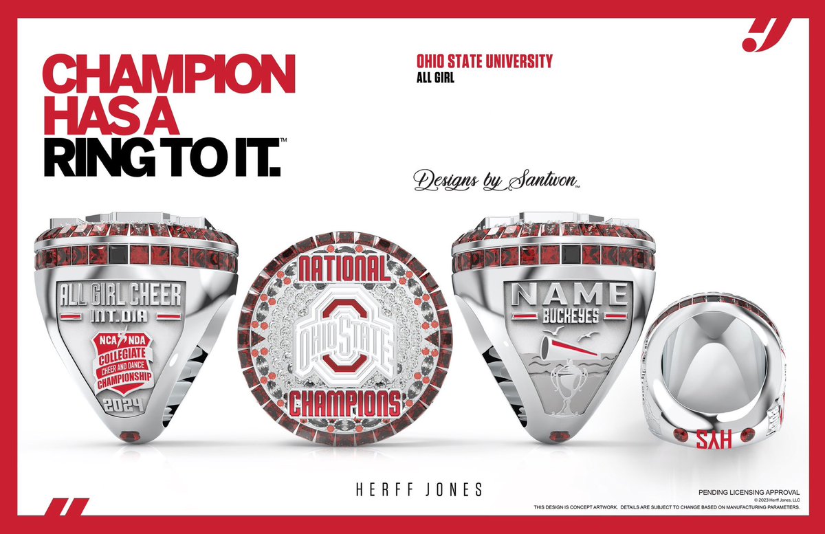 Stand on business, ‘til your legs hurt! 

Congratulations @OhioState @osuallgirl, 

2024 NCA Collegiate National Champions🏆

#DBSchamprings #designsbysantwon #hjchamprings #herffjones #evolvechamprings #championshiprings #nationalchampions @OSU_SpiritSquad @OhioStAthletics