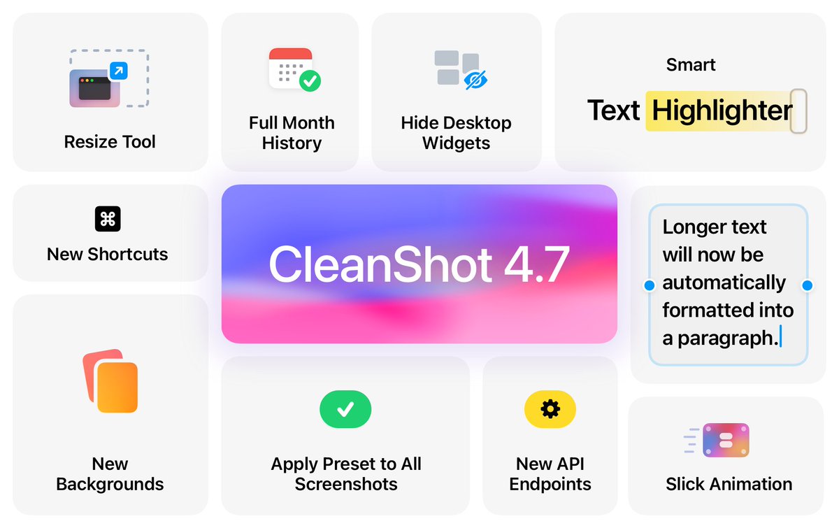 🔥 CleanShot 4.7 is here with some exciting changes: 📐 Resize Tool - Easily change screenshot resolution without leaving CleanShot 🖍️ Smart Highlighter - It automatically detects words and adjusts brush size accordingly 🖼️ Auto apply background presets to all screenshots