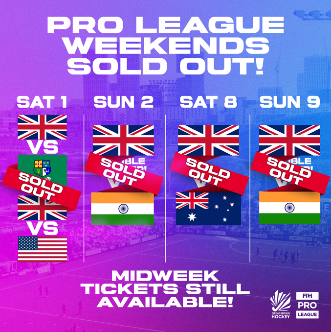 ⚠️ WEEKENDS ARE SOLD OUT for FIH Pro League London 2024! ⚠️ There's still time watch GB before they head to Paris this summer with our midweek matchdays! 📆 1-12 June 2024 📍 Lee Valley Hockey and Tennis Centre, London Buy your match day tickets here 🎟️ shop.ticketing.cm.com/571ad4da-03fd-…