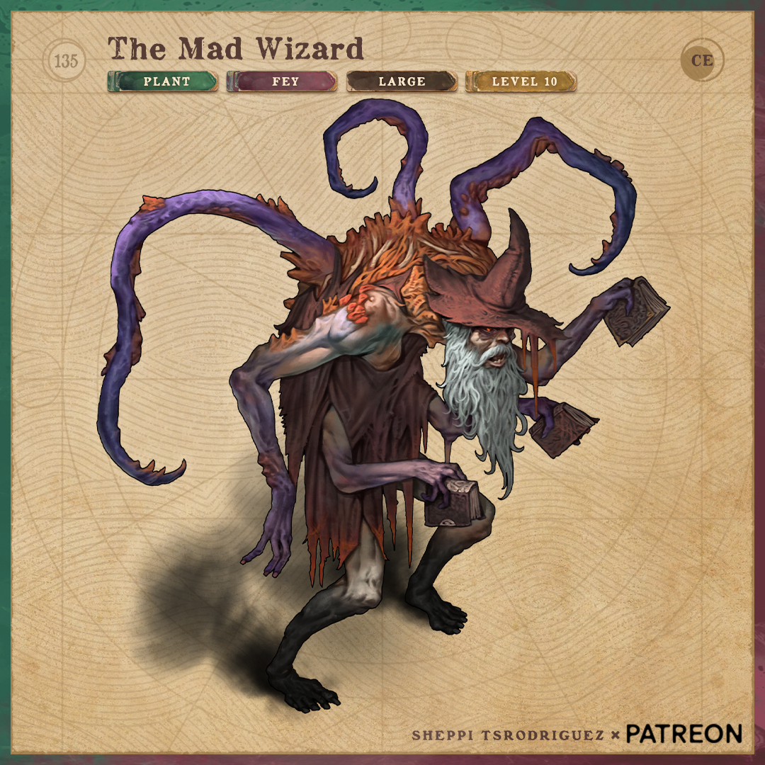 Token #135 - The Lad Wizard. 
Cursed by the Fey after centuries studying and experimenting with their  kin. Now the Mad Wizard Zelligar expends his days endlessly sorting the  books in his fungus infested library. #IsometricArt #Monster #DnD #Pathfinder2e #PF2e #dndart