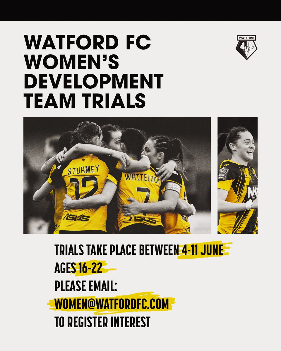 Still time to sign up for Development Team trials! 📝 Register your interest by emailing women@watfordfc.com - you must be aged between 16 and 22! 📩