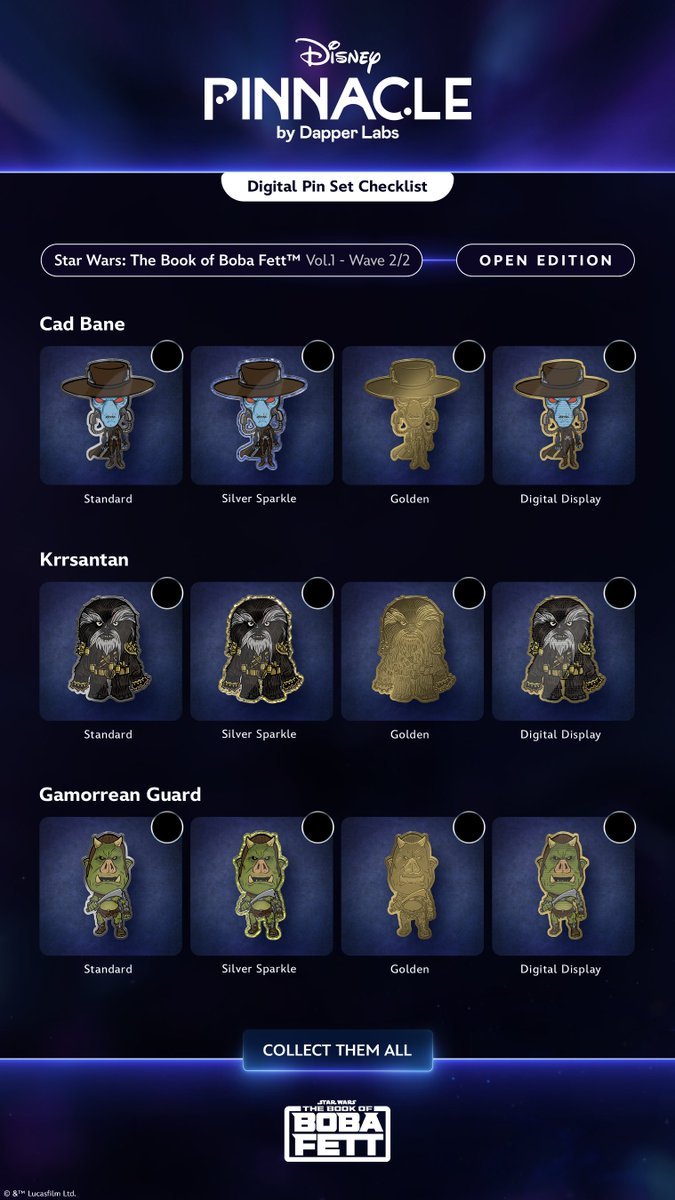 DisneyPinnacle's tweet photo. ✍🏻Track your progress as you collect each digital pin from the Star Wars: The Book of Boba Fett™ Vol.1 set!
1. Download this image ⬇️
2. Check each box as you collect each pin variant ✅
3. Show off your progress by sharing on your socials with #DigitalPinSet 🎉 https://t.co/MxGdg6VlmD