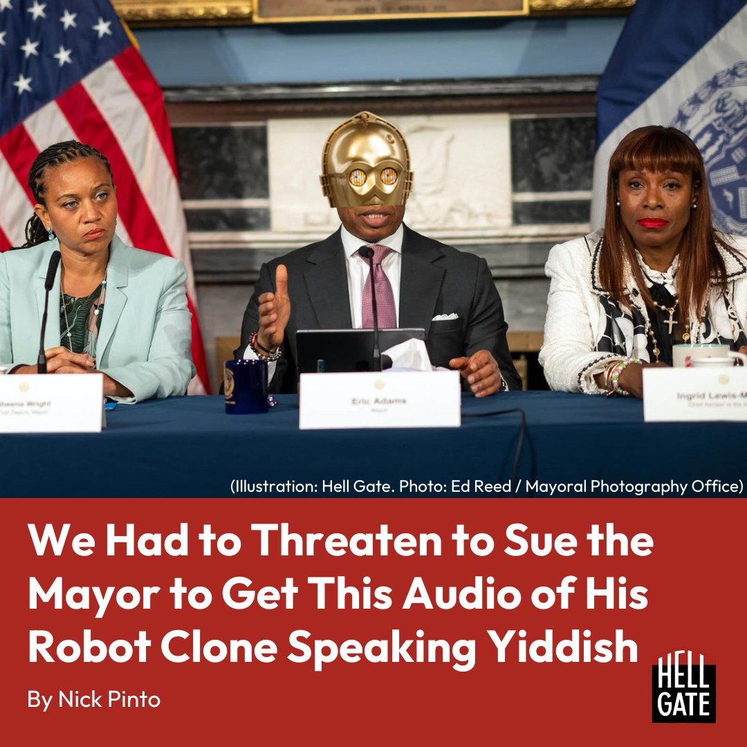 Am I a 'hero' for using a Freedom of Information Law request to pry City-Hall-commissioned AI-generated audio of the mayor speaking Yiddish into public view? That is not for me to say. I'll just observe that democracy dies in darkness. hellgatenyc.com/audio-robot-er…