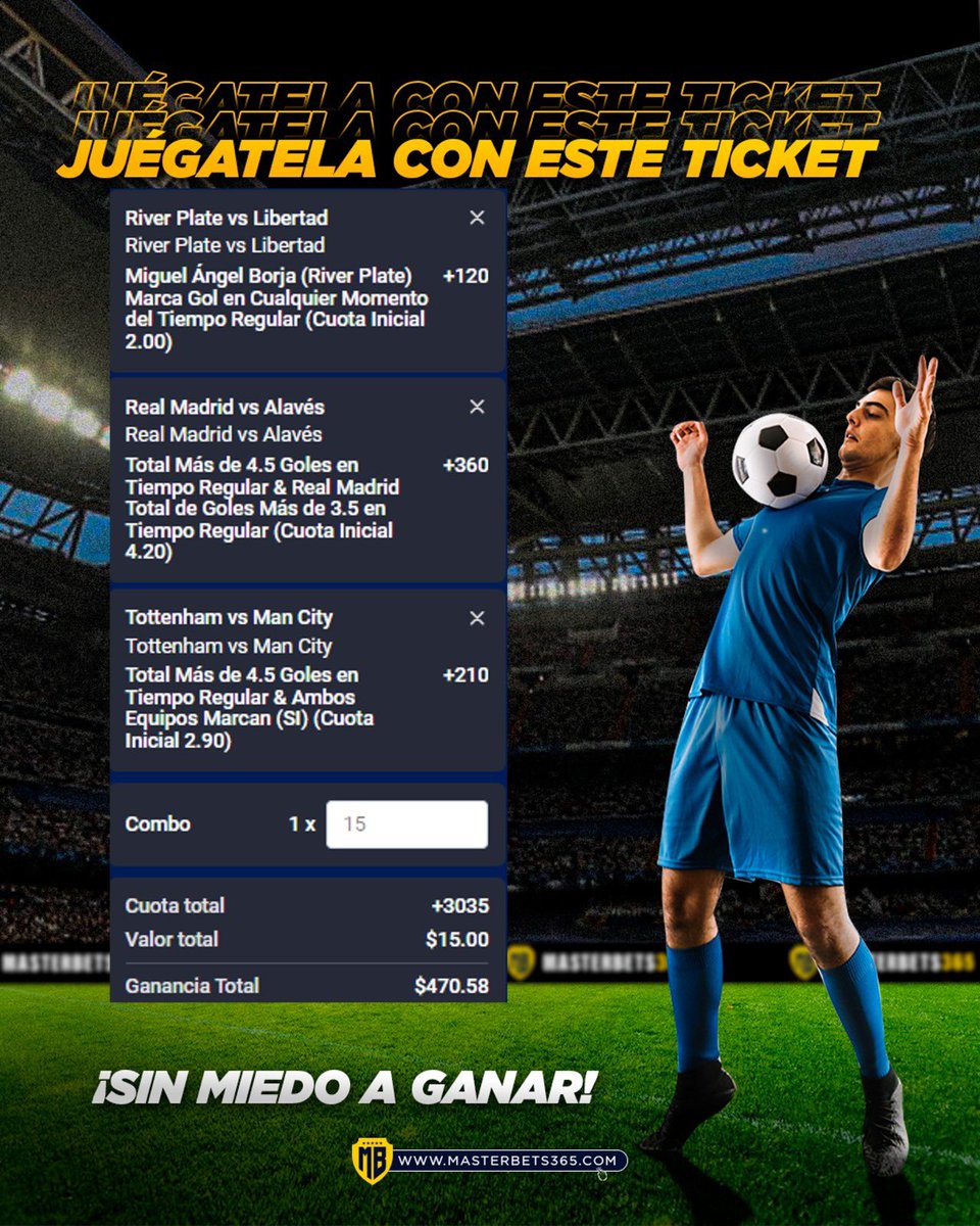 ¿#MasterTicket365 con cuota aumentada? Te lo tengo⬇️ -Ingresa a la plataforma y marca la opción “Cuota Aumentada” ✅ -Selecciona los logros de tu preferencia y listo ✅ Beneficio exclusivo que solo MasterBets365 trae para ti⚽ Regístrate aquí: bit.ly/PESETEIROMB365