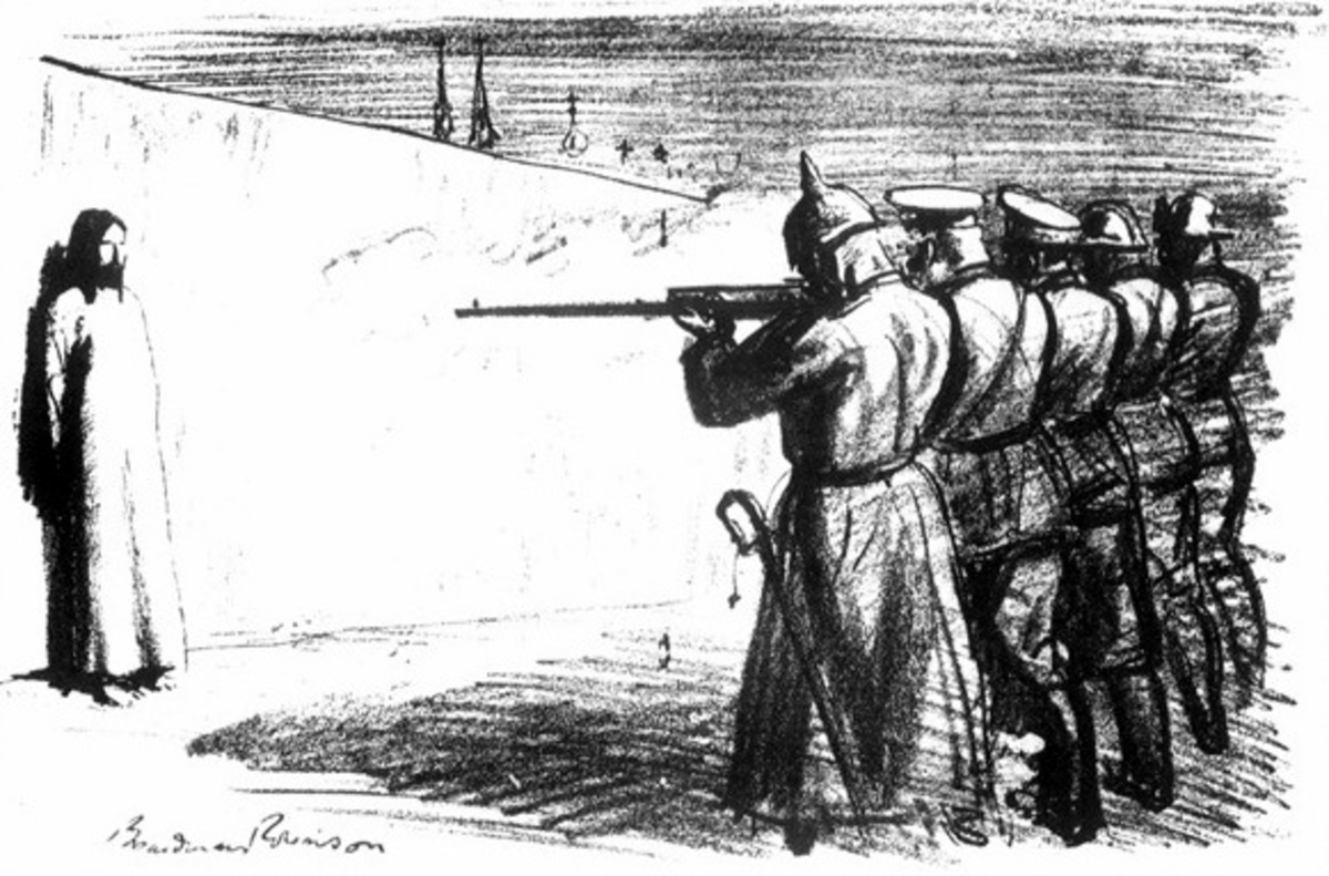 zonajnet's tweet photo. "El  desertor" - Caricatura #pacifista que representa a Jesús frente a un  pelotón de fusilamiento formado por cinco países europeos diferentes.  1916, Primera Guerra Mundial. https://t.co/ust8ux2Xyx