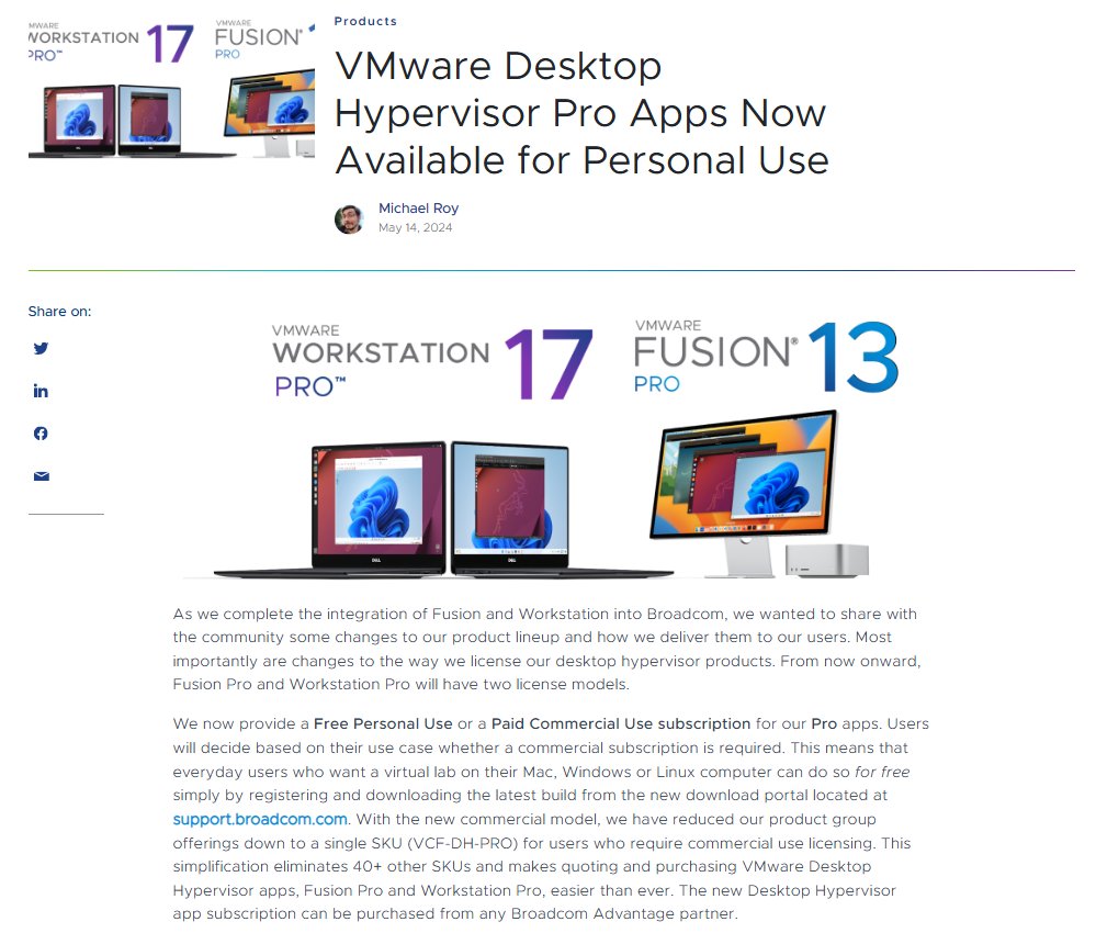 VMware Workstation/Fusion ZA DARMO do użytku niekomercyjnego to zaskakująco dobra wiadomość ;)
blogs.vmware.com/cloud-foundati…