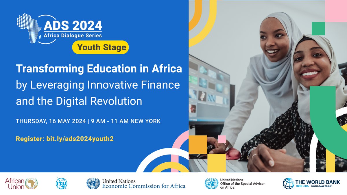 Join us for the #ADS2024 #youth stage focused on transforming education in #Africa, through innovative financing and digital transformation. Together, let's shape Africa's future! 📅 16 May ⏰ 9:00-11:a.m. EST 🔗bit.ly/ads2024youth2