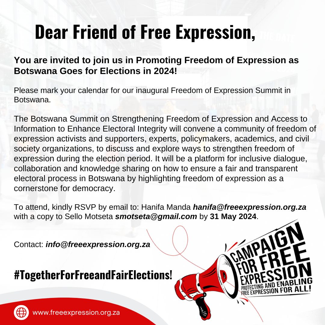 🇧🇼 Attention Botswana! Join us at the Pre-Elections Summit to strengthen Freedom of Expression and Access to information for electoral integrity! 🗣 Experts will discuss media independence and fair elections. 📅 June 24-25. Sign up NOW to join: [docs.google.com/forms/d/e/1FAI…]