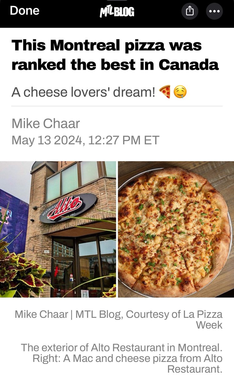 BIG CONGRATS 🎉! To my buddy at Alto diner in #Montreal for winning Canada’s Best Pizza 2024 at “La Pizza Week” competition. The MACAttack Mac & Cheese Pizza! Now available till next year’s competition!