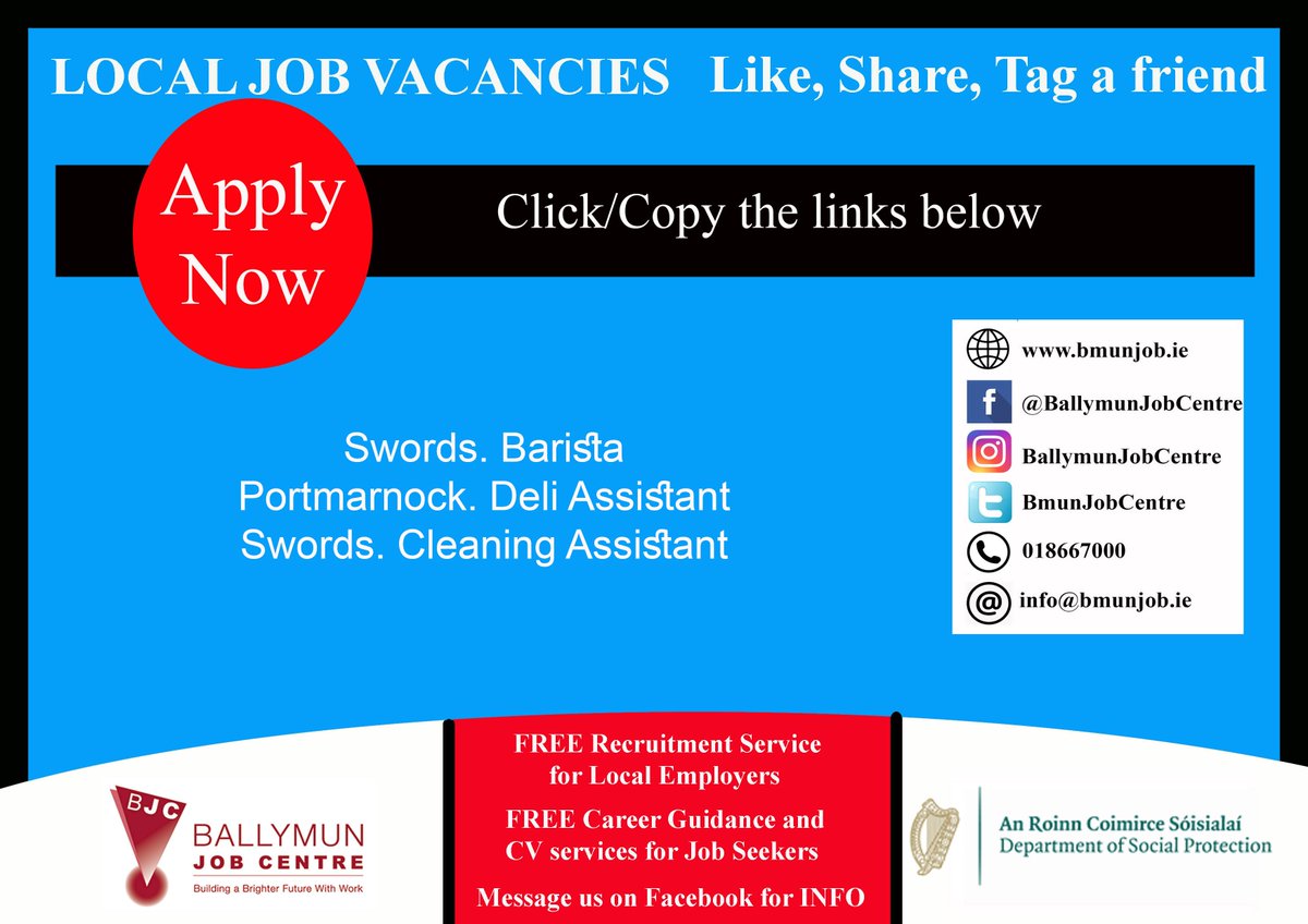 👉 Visit us at: Bmunjob.ie

Vacancies #bmunjob #jobfairy #dublinjobS
Swords. Barista
is.gd/a2Ik1e
Portmarnock. Deli Assistant
is.gd/nCT6CK 
Swords. Cleaning Assistant
is.gd/gsjz1T