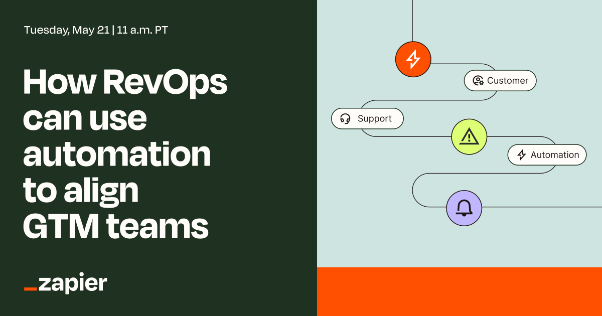 zapier's tweet image. Ready to learn how Zapier&apos;s RevOps teams leverages automation to create a smooth go-to-market experience for their internal teams, and how that translates to a better customer experience?

Sign up for our upcoming webinar!

Register here: bit.ly/3UDLjEk