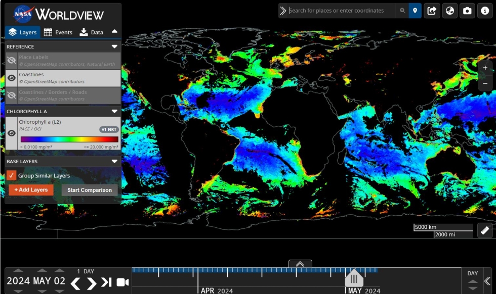 Get excited! PACE ocean color data imagery layers have been added to NASA’s Worldview. Also find new nighttime lights, corrected reflectance, and other data layers— expanding the ways you can visualize Earth as it is 'right now'!

➡️Learn more: go.nasa.gov/4biRVil