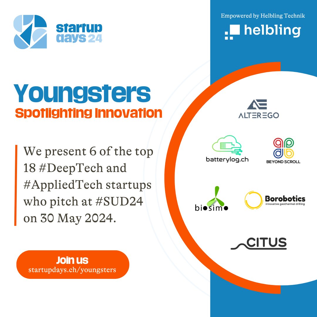 💡 Spotlighting innovation: learn more about 6 of our 18 #startups who pitch live on 30 May 2024 at #SUD24! 

Join us to meet them: startupdays.ch
More startup details in the thread 👇🏻

#appliedtech #deeptech #swissstartups #pitch #technology #funding #investor
