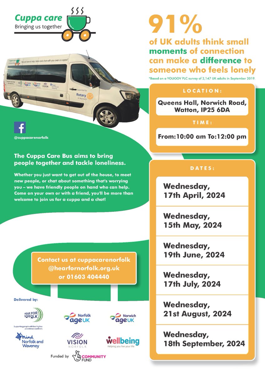 The Cuppa Care bus will be visiting #Watton & #Dereham on Weds 15th May 

Queens Hall, Norwich Rd: 10am to noon

Dereham Shopping Centre, Wrights Walk: 1pm to 3pm

hearfornorfolk.org.uk/cuppa-care/

#cuppacare #health #wellbeing #norfolk