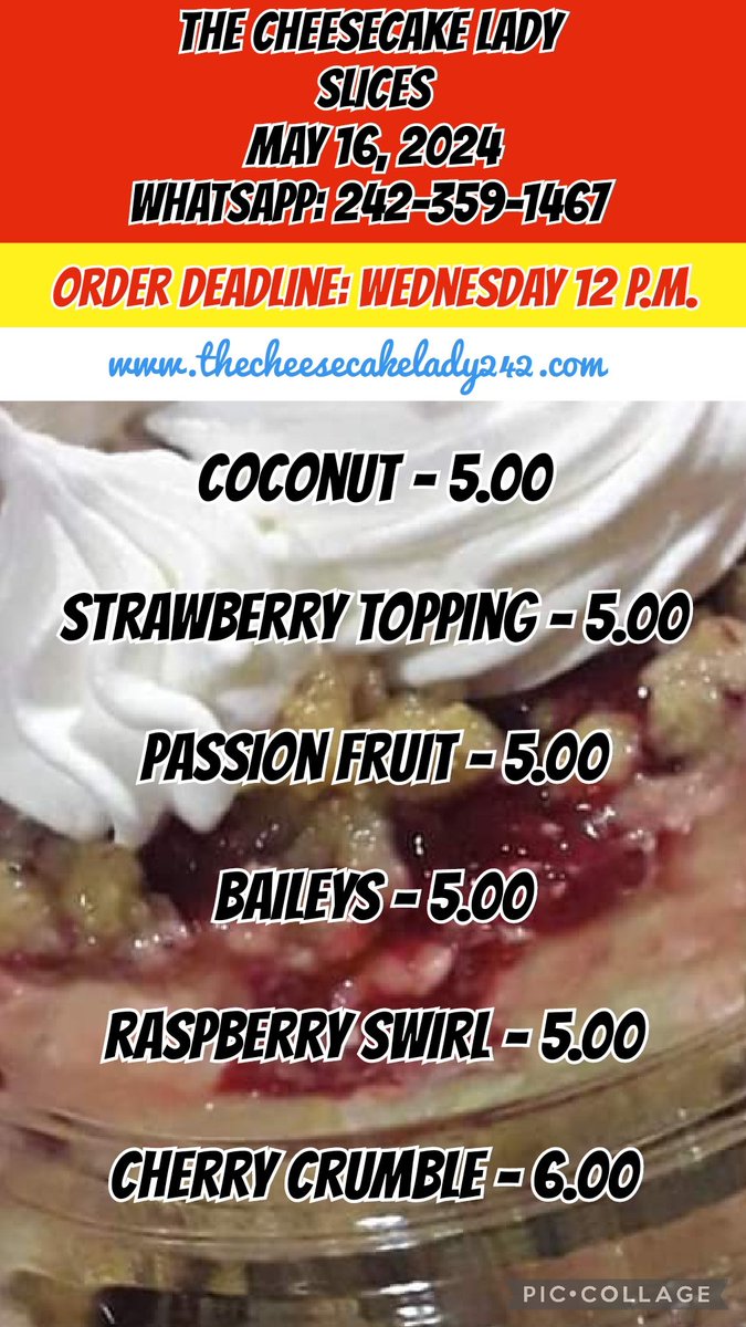 hannacoop's tweet image. Place your order with name and location.

WhatsApp: 242-359-1467
FREE delivery

#guavacake #rumsauce
#passionfruit #strawberrycheesecake #coconut #coconutcheesecake #coconutduff #cheesecake #duff #baileyscheesecake #Baileys #raspberrycheesecake #raspberryswirl