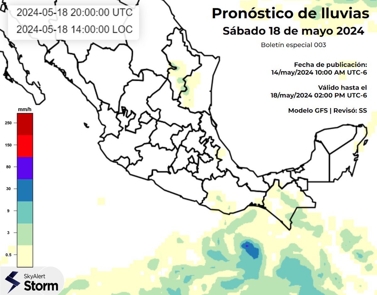 SkyAlertStorm's tweet photo. 🌧️🌀Más lluvias durante esta semana y posible formación del 1° ciclón tropical en el Pacífico este fin de semana.

De acuerdo con el modelo de pronóstico GFS de lluvias acumuladas, esta semana se esperan #lluvias en el centro, oriente y sur del país.

Además, para el sábado 18 de mayo se prevé la formación del primer ciclón tropical en el océano Pacífico, el cual tomaría el nombre de "Aletta". Todavía no se tiene un pronóstico claro de su trayectoria.