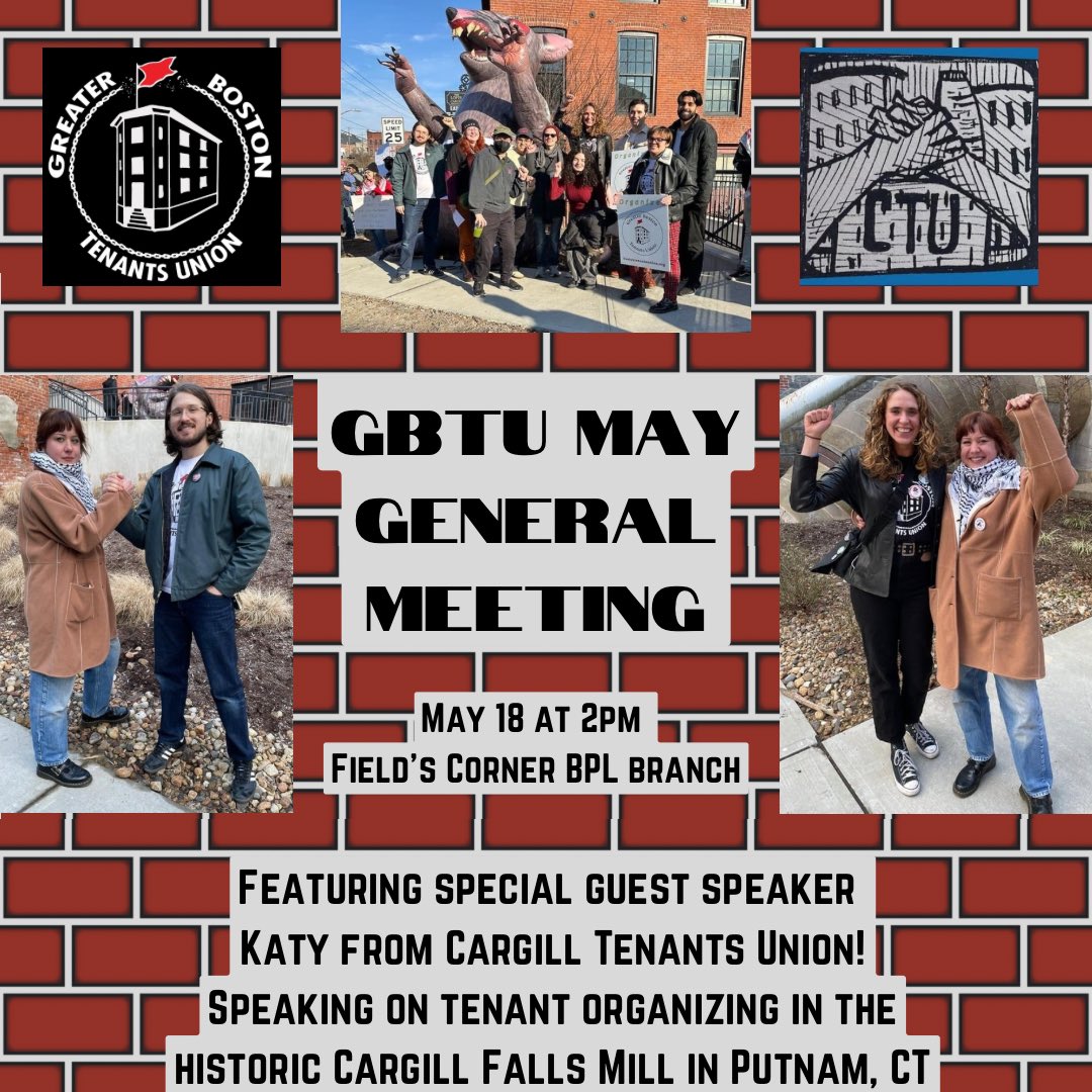 ‼️Super exciting General Meeting coming up‼️ Katy (@itsbedtime_) from @CargillTenants will be a guest speaker this Saturday, May 18 at 2pm! We will be at the Field's Corner BPL branch. Bring your roommates, bring your neighbors!