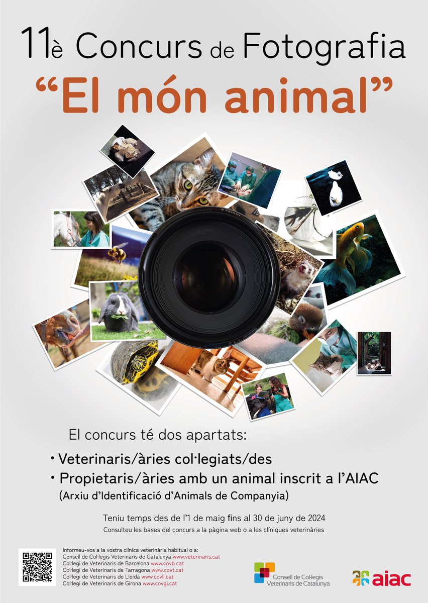 📸 Un any més, el Consell de Col·legis Veterinaris de Catalunya convoca el Concurs de Fotografia “El món animal”, que enguany arriba a l’11a edició. El termini per presentar-hi fotografies finalitzarà el 30 de juny.
ℹ️ Tots els detalls - tinyurl.com/2wcnc3sy