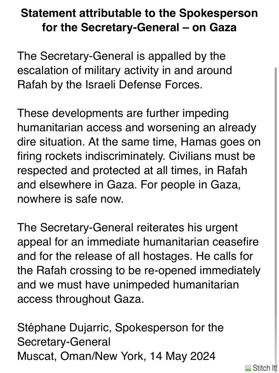 “Appalled” - that’s how the UN Secretary General has described the escalation in military activity in and around Rafah by the IDF. Latest statement here… #sabcnews