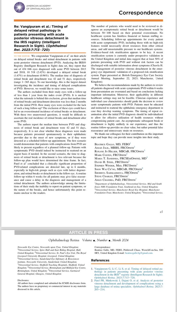 Managing posterior vitreous detachment? Vangipuram et al (Ophthalmology Retina pubmed.ncbi.nlm.nih.gov/37080486) recommend all have follow up within 6 weeks. 
This is not our practice &amp; would have a significant impact on resources. 
We outline our thoughts on this in our reply. Thoughts?