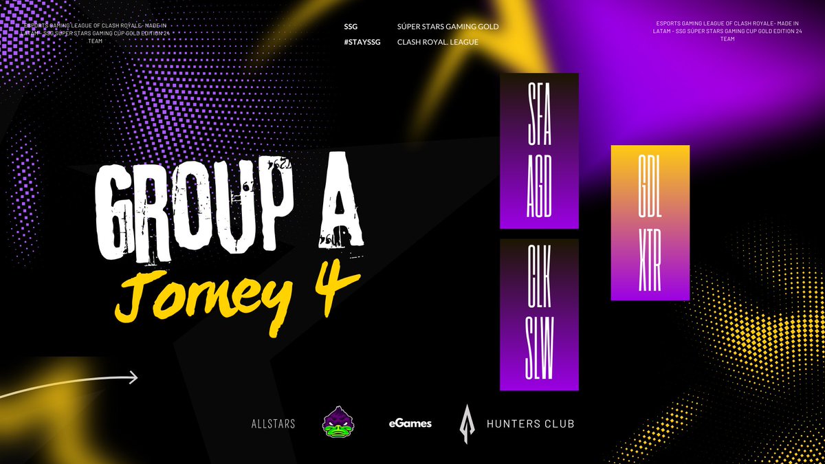 Super Stars (@ssg_cup) on Twitter photo SSG- GRUPO A 🟡
Penúltima fecha. Estos equipos se juegan la clasificación
🗓️ Martes 14/05
⚔️ <a href="/SF_APOCALIPSIS/">Sf.apocalipsis.sports</a> - <a href="/AGD_eSports/">𝘈𝘎𝘋 𝘦𝘚𝘱𝘰𝘳𝘵𝘴 🌪️</a>
⚔️ <a href="/ClikaCR/">Clika</a> - <a href="/SilverWings_es/">SilverWings Esport</a>
⚔️ <a href="/Gold_LionsOfi/">🦁Gold Lions Oficial🦁</a> - <a href="/Xtreme_Teamtbd/">Xtreme Esports</a>
Quienes se llevarán los 3pts ?
#STAYSTARS #SSG SSG- GRUPO A 🟡
Penúltima fecha. Estos equipos se juegan la clasificación
🗓️ Martes 14/05
⚔️ <a href="/SF_APOCALIPSIS/">Sf.apocalipsis.sports</a> - <a href="/AGD_eSports/">𝘈𝘎𝘋 𝘦𝘚𝘱𝘰𝘳𝘵𝘴 🌪️</a>
⚔️ <a href="/ClikaCR/">Clika</a> - <a href="/SilverWings_es/">SilverWings Esport</a>
⚔️ <a href="/Gold_LionsOfi/">🦁Gold Lions Oficial🦁</a> - <a href="/Xtreme_Teamtbd/">Xtreme Esports</a>
Quienes se llevarán los 3pts ?
#STAYSTARS #SSG