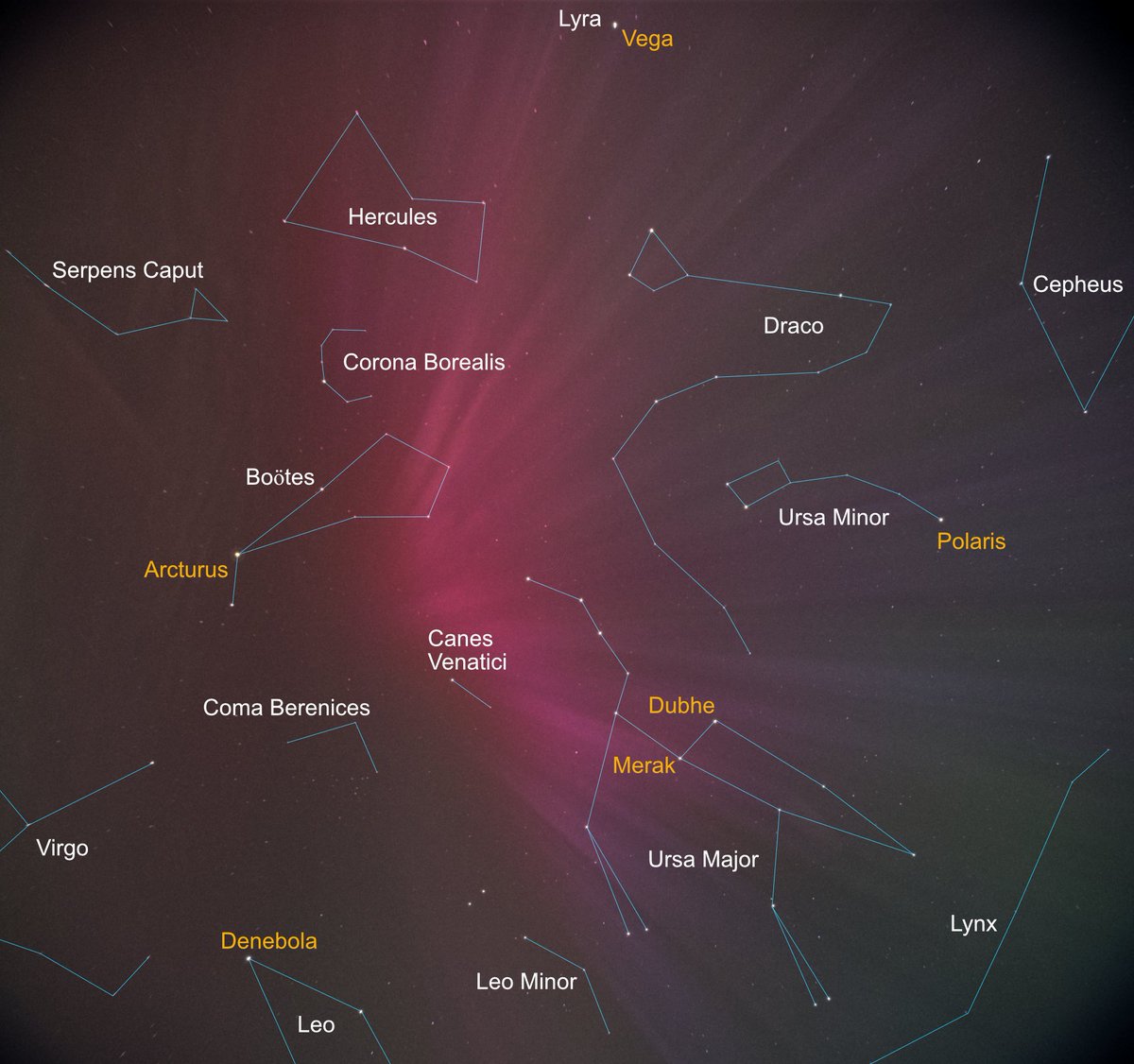 I have added the constellations to one of my images of the aurora on Friday night to try and show how extensive the display was.