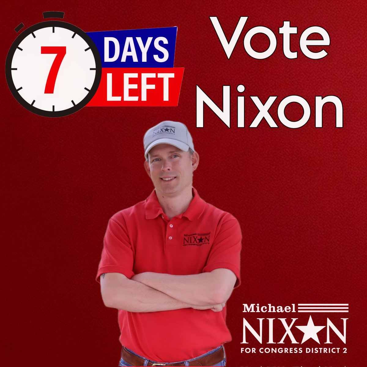 MikeTheNix's tweet photo. 🗳️⏳ Only 7 days left until the primary election! 📆 Don't miss your chance to make a difference in District 2. Vote for Michael Nixon on May 21st for a brighter future! 🌟🇺🇸 #NixonForDistrict2 #PrimaryElection #VoteMay21 #MakeADifference https://t.co/3pu80qG7Ew