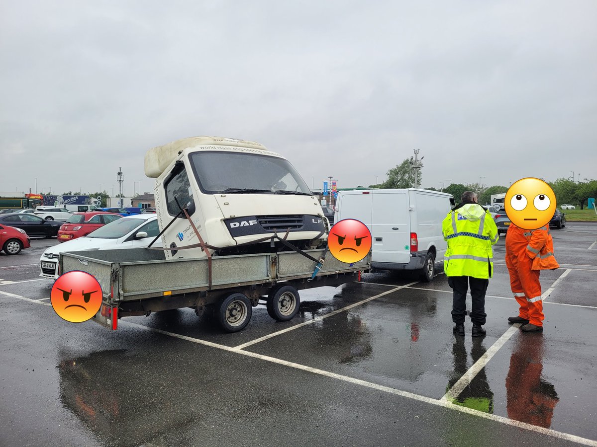 #RPU stopped this shocker on the A1 near Grantham. The cab was questionably secured to the trailer and was 10% over the vehicles train weight of 3500kgs. Driver issued GFPN and vehicle prohibited from further movement in its current state.