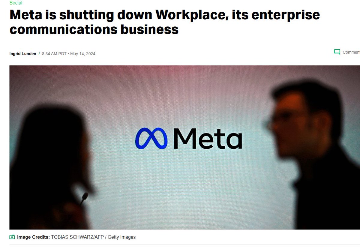 Meta is shutting down Workplace. I never had the opportunity to use it, but I heard from many Meta employees that it's actually really good.

techcrunch.com/2024/05/14/sou…