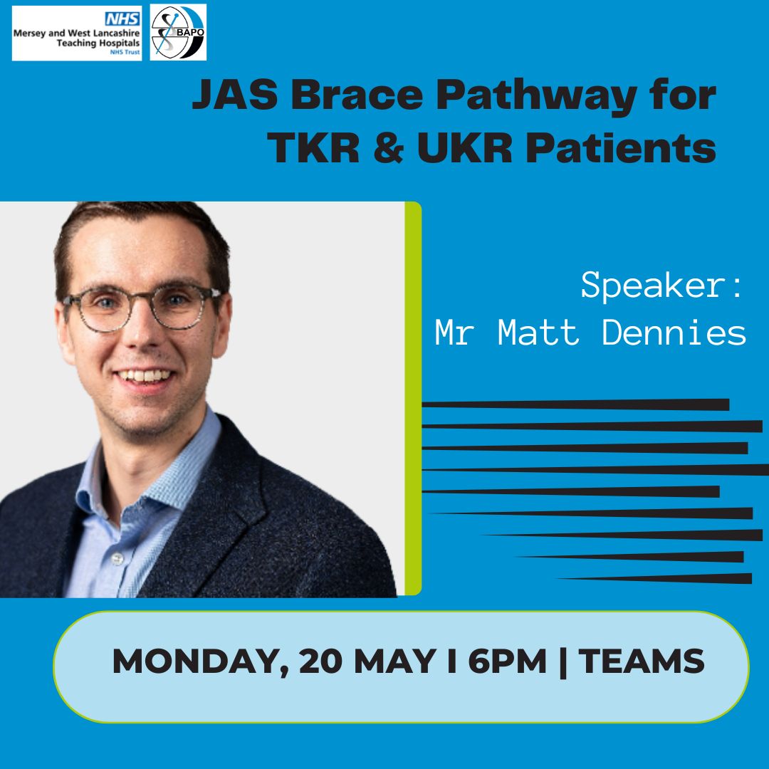 BAPO Virtual Events – Teatime Talk Monday 20 May 2024 6-7pm JAS Brace Pathway for TKR & UKR Patients Presented by Mr Matt Dennies, Specialist Orthopaedic Physiotherapist, Mersey and West Lancashire Hospital Clink here to register on Teams events.teams.microsoft.com/event/dad863a4…
