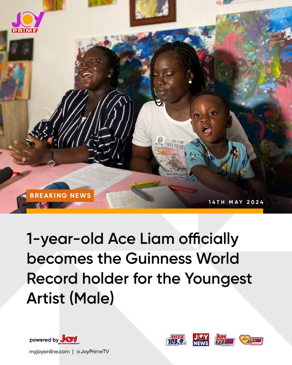 BREAKING! 

1-year-old Ace Liam officially becomes the Guinness World Record holder for the Youngest Artist (Male).

#JoyNews