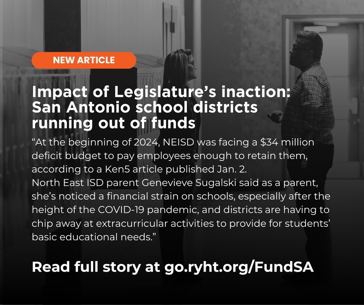 'At the beginning of 2024, North East ISD was facing a $34 million deficit budget to pay employees enough to retain them-'. Read the full article at go.ryht.org/FundSA #FundOurSchools #TexasTeachers #TxLege #TxEd