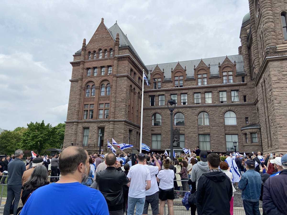 A heavy police presence at Queen's Park as the flag of Israel is raised at the Ontario Legislature. Apart from a few words exchanged between attendees and protesters, it's been peaceful.