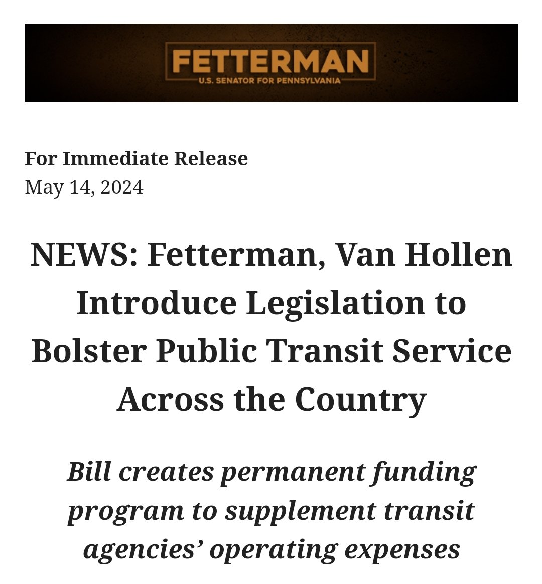@SenFettermanPA, and Senator Van Hollen Introduce Legislation to Bolster Public Transit Service Across the Country. If passed this would be a game changer for @SEPTA.