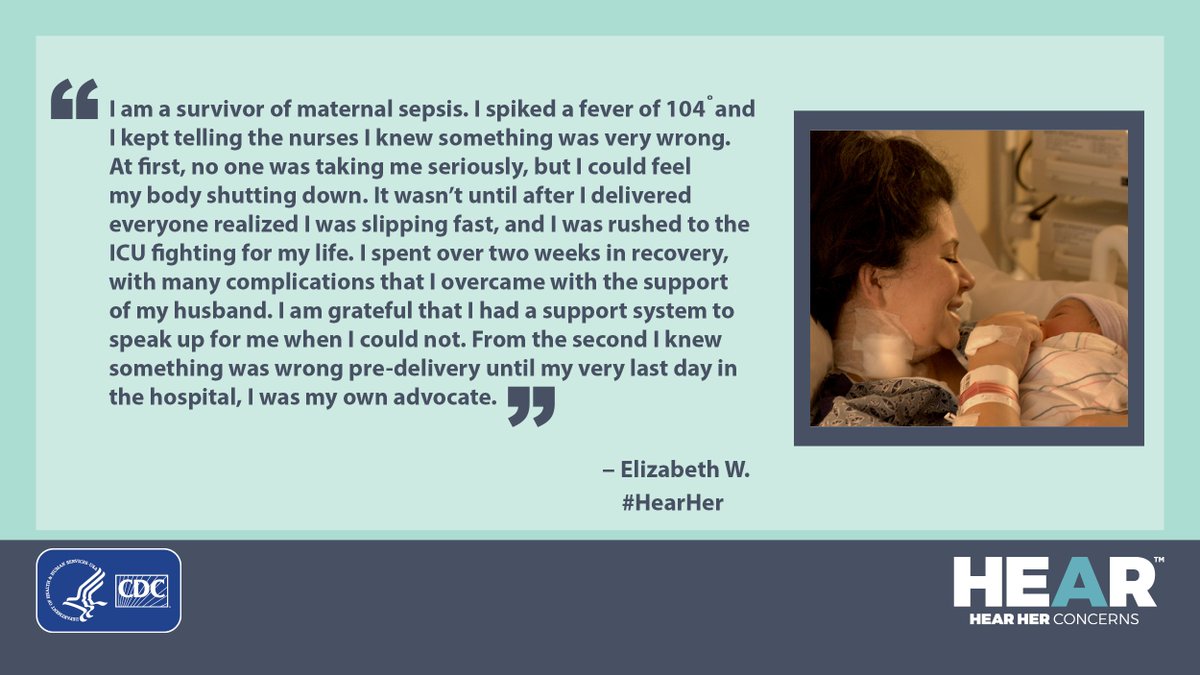 Elizabeth survived maternal #sepsis. Now she shares her story of strength and determination to help others. Learn the warning signs of sepsis and other pregnancy-related complications that require immediate medical attention: bit.ly/CDCHearHerWarn….