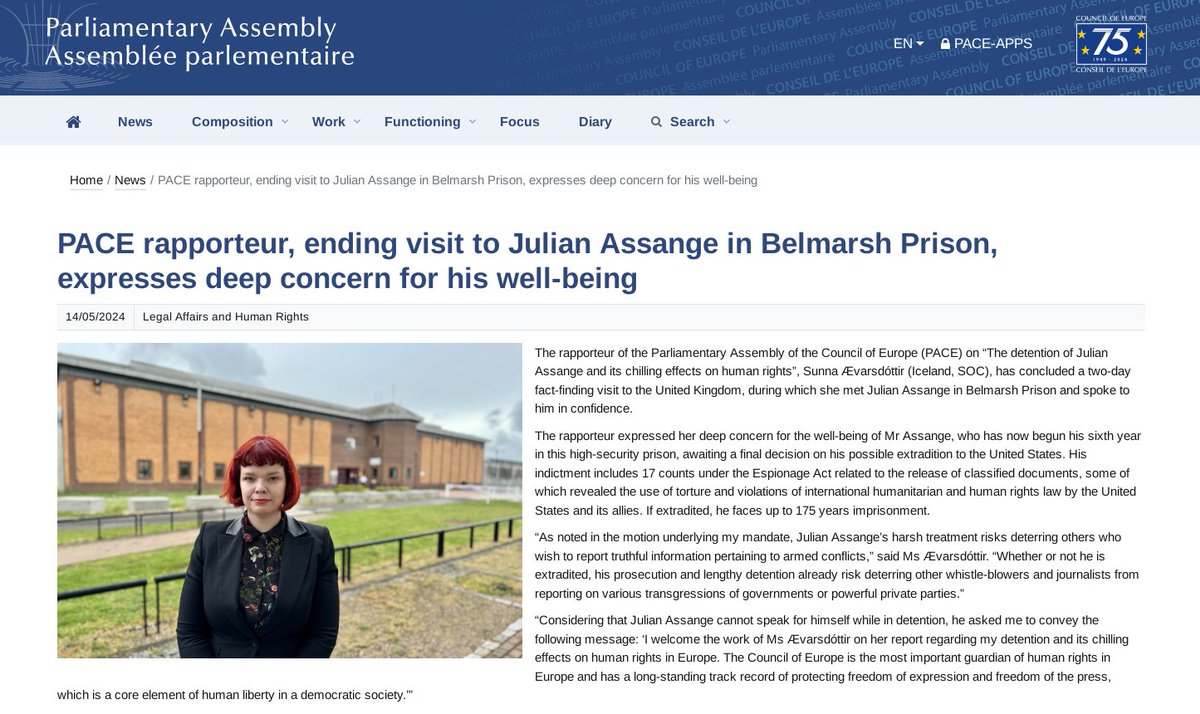 'PACE rapporteur, ending visit to Julian Assange in Belmarsh Prison, expresses deep concern for his well-being' | @PACE_News Extradition decision: May 20 #FreeAssangeNOW Link: pace.coe.int/en/news/9462/p…