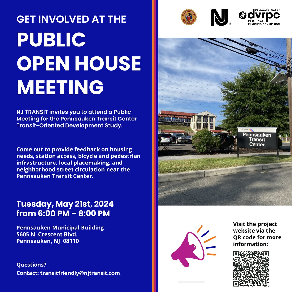 Join @NJTRANSIT for a public meeting on 5/21 from 6-8 pm at the Pennsauken Municipal Building to share your feedback on how to make the area surrounding the Pennsauken Transit Center more welcoming, connected, & pedestrian-friendly: …dly-planning-njtransit.hub.arcgis.com/pages/pennsauk…