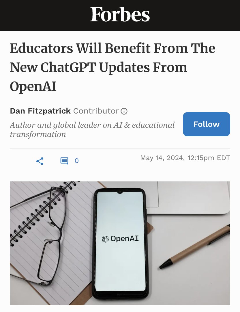🆕 Forbes article Educators Will Benefit From The New ChatGPT Updates Users can now access AI previously reserved for Plus subscribers Read 👇 forbes.com/sites/danfitzp… Ft @darcyprior @timmousel @ChristineStoltz @emollick