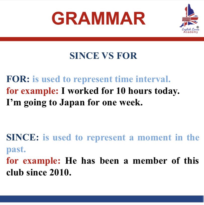 EnglishLanes's tweet photo. ✍🏼GRAMMAR✍🏼
Since vs. For 🕒
#Grammar #English #Since #For #EnglishLanesAcademy https://t.co/EAUc0IZutx