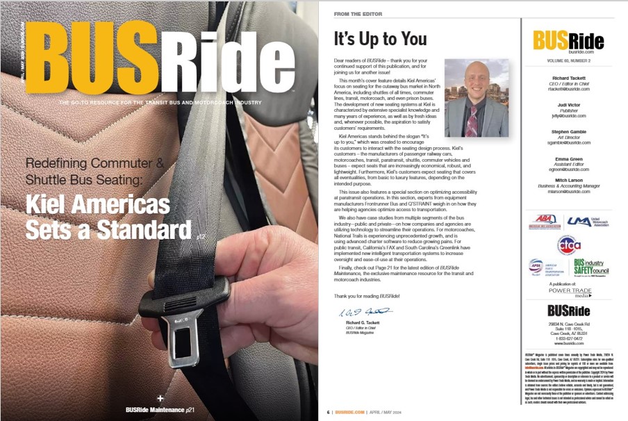 It's here! The April/May edition of BUSRide has arrived. Download your #FREE digital copy today for special features on redefining commuter and #shuttle bus seating, optimizing #accessibility, and much more. ow.ly/AeXh50RC3xO #bus #motorcoach #AllAboutThatBusLife
