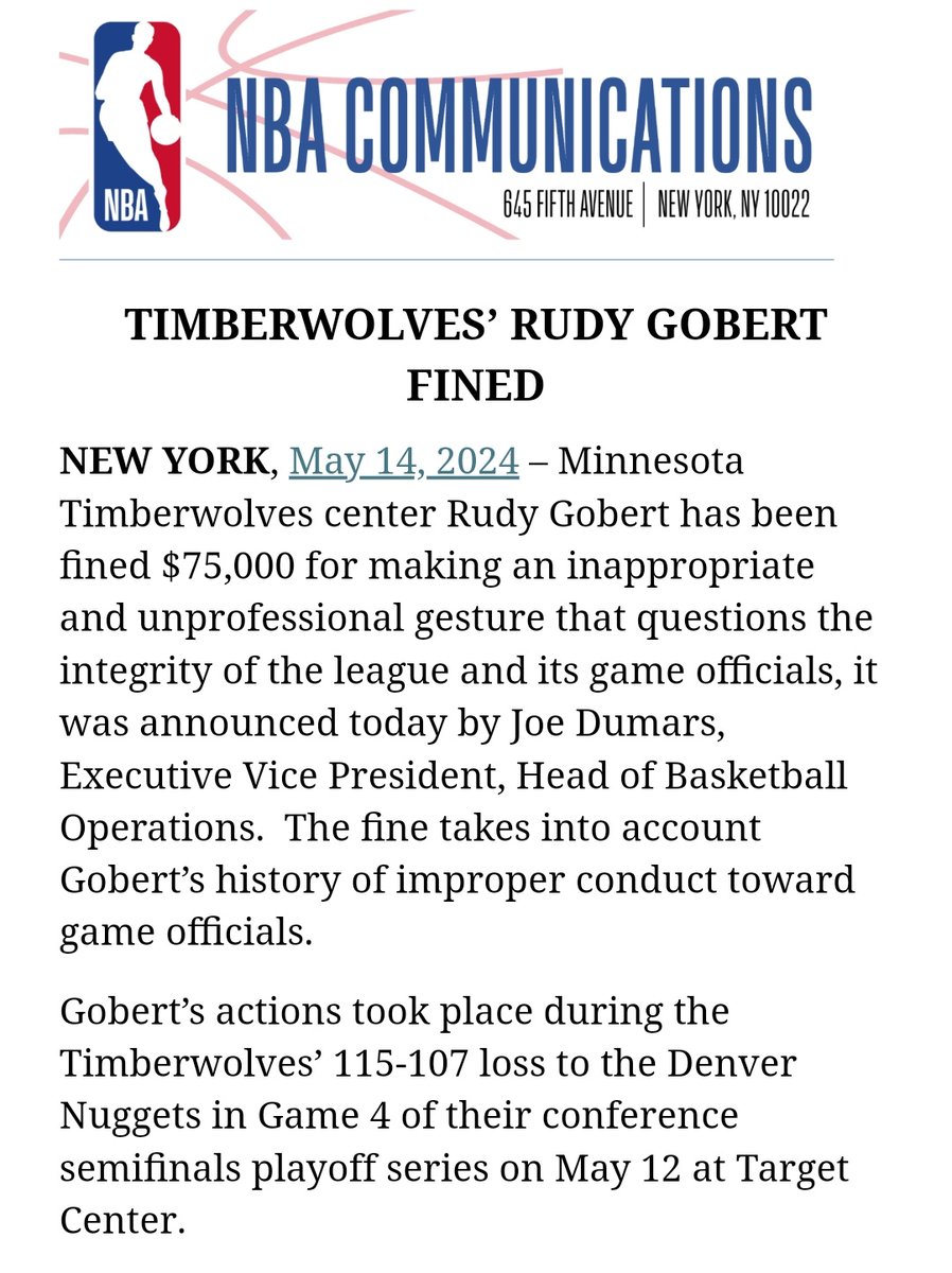 NBA fines T-Wolves big Rudy Gobert $75K for 'making an inappropriate and unprofessional gesture that questions the integrity of the league and its game officials' during their Game 4 loss Sunday to Denver. Fine takes into account Gobert's history with game officials #NBAPlayoffs